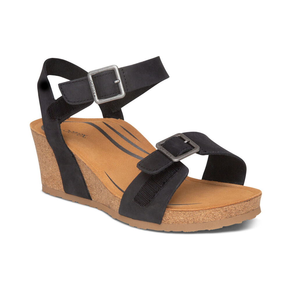 Aetrex Women's Lexa Quarter Strap Wedge Sandals - Black | USA 1TU8RBU